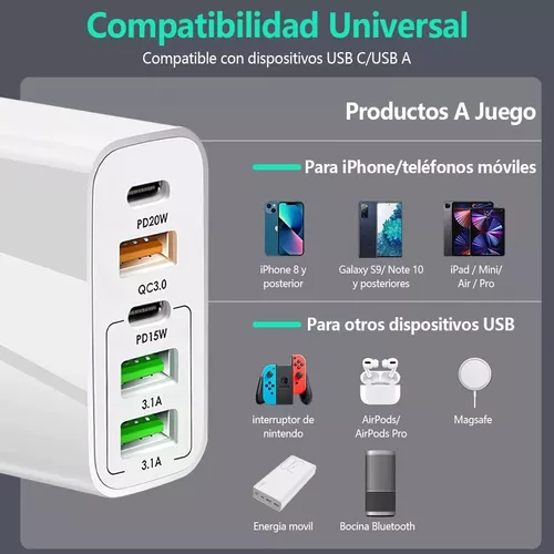 65w 5 En 1 Carga Rápida Cable Tipo C + Cargador 1.5m Pd20w